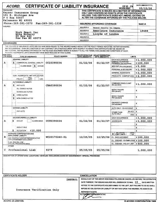 ACORD Certificate of Liability Insurance for Worksmart, Inc.